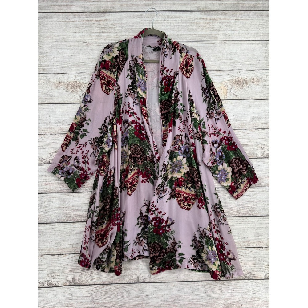 Lucy's Silk Kimono Cardigan Womens XL Lavender Floral Burnout Velvet Open‎ Front
